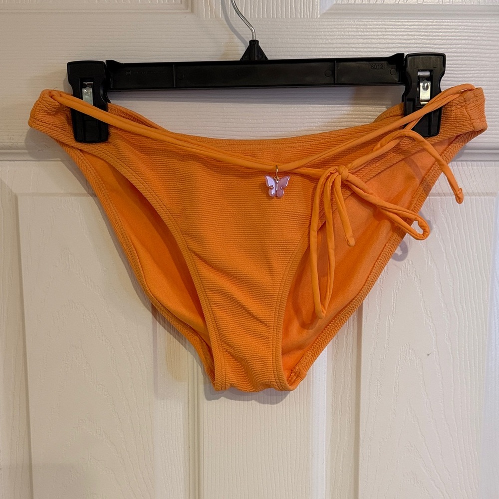 ⚡️210 Celebrity Pink Orange Ribbed Bikini Bottom Y2K Butterfly Charm Tie 7-9